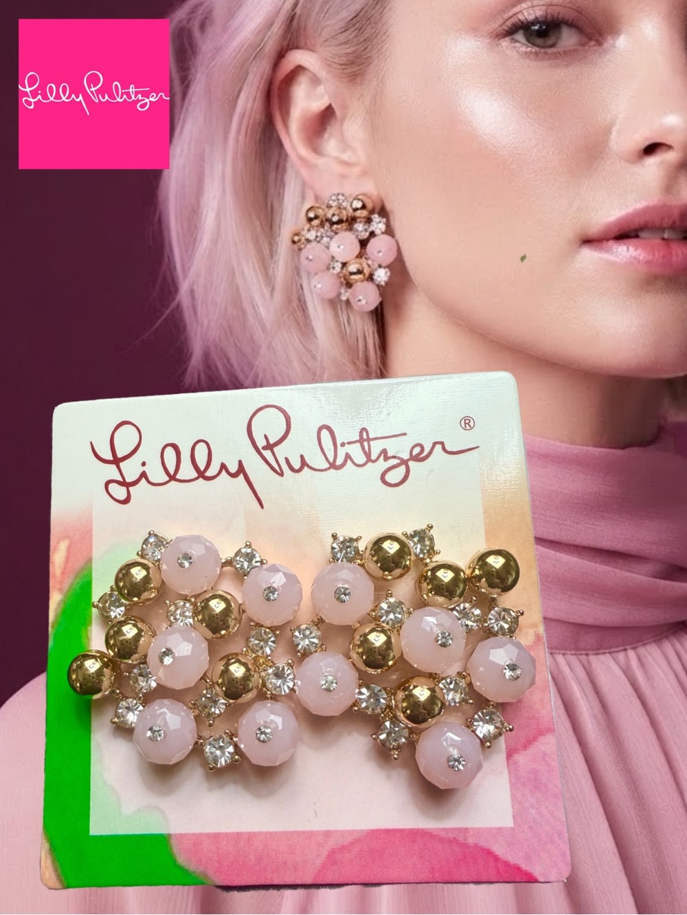 Lilly Pulitzer Earrings POP THE BUBBLY ✨PINK CLUSTER BEADS & CRYSTALS✨POST BACK